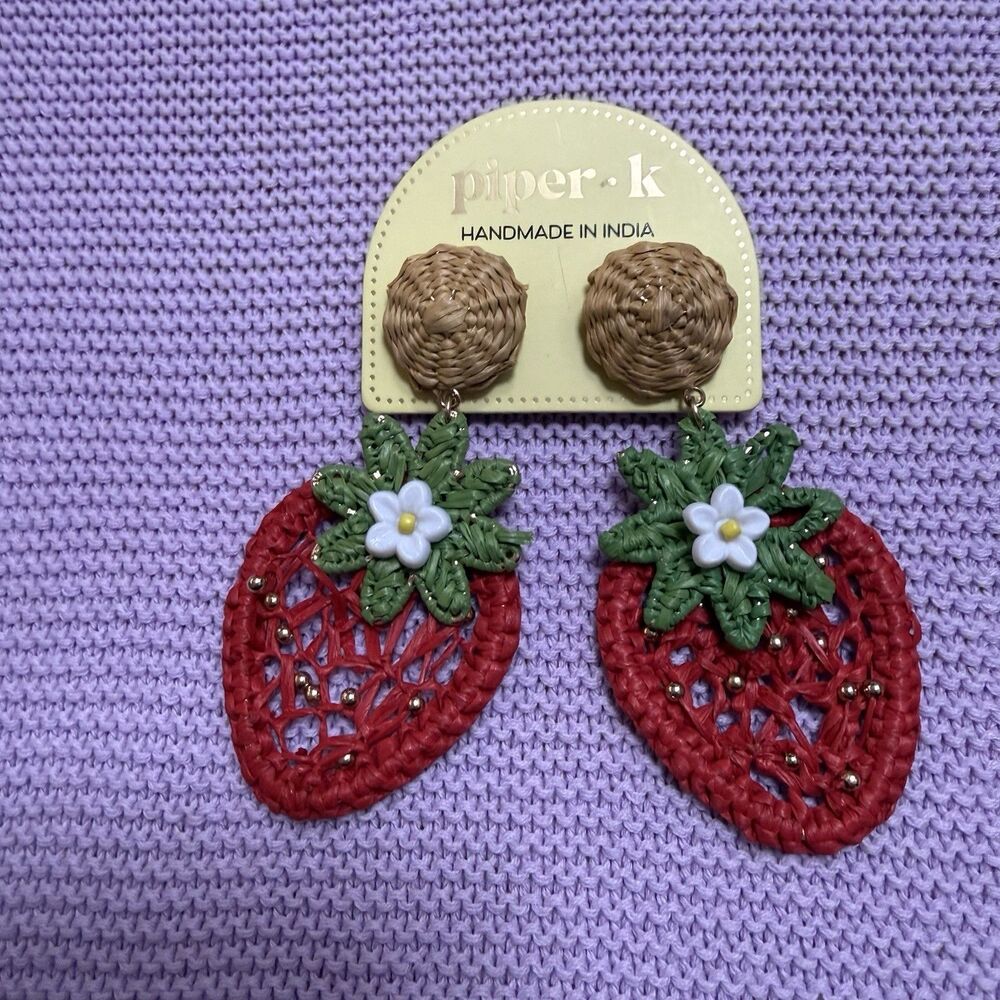 Piper K Handmade Straw Woven Beaded Strawberry Dangle Drop Earrings New